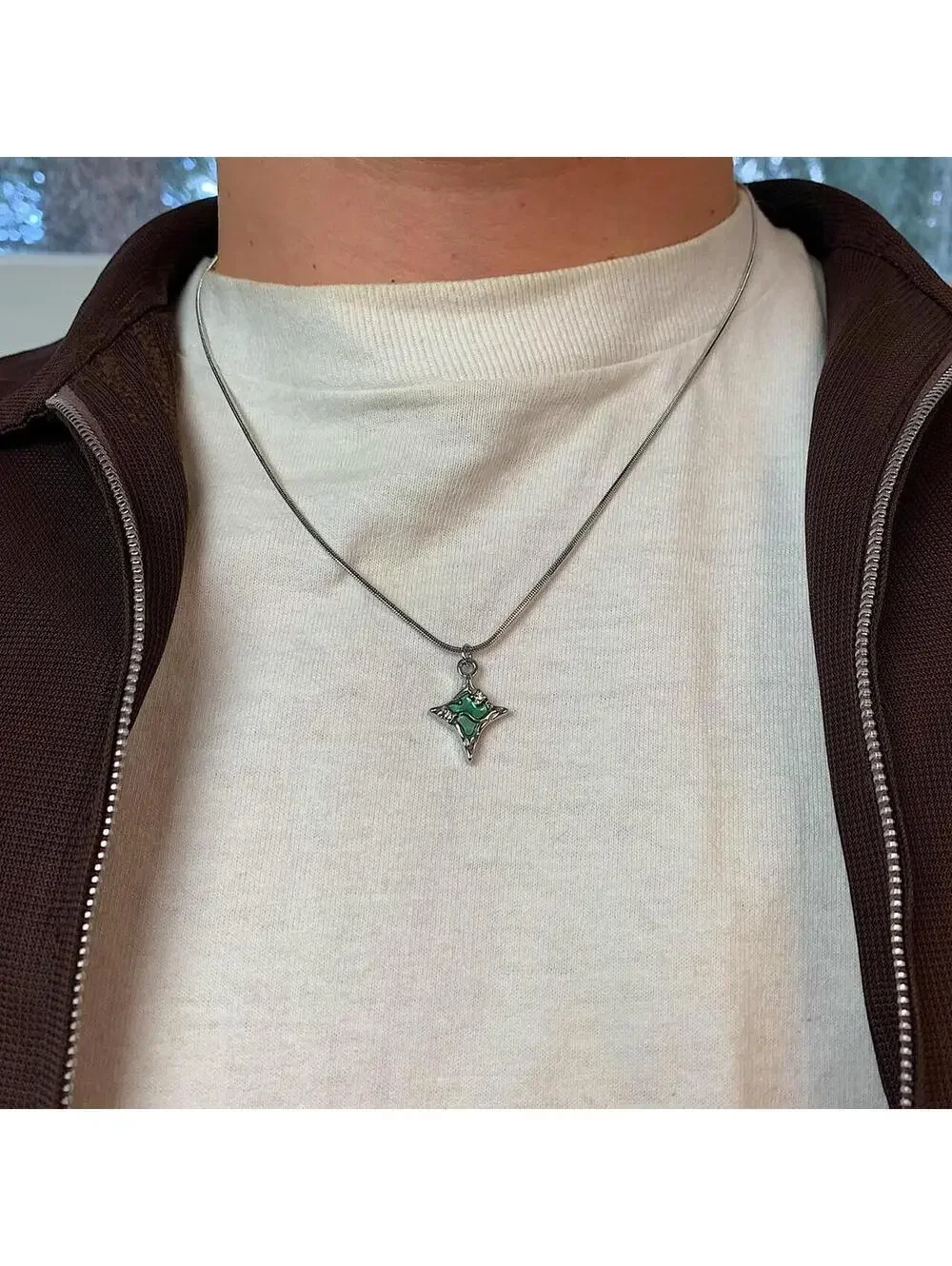 Y2k Cyber Melted Green Opal Star Silver Rope Chain Necklace. y2k 2000s style